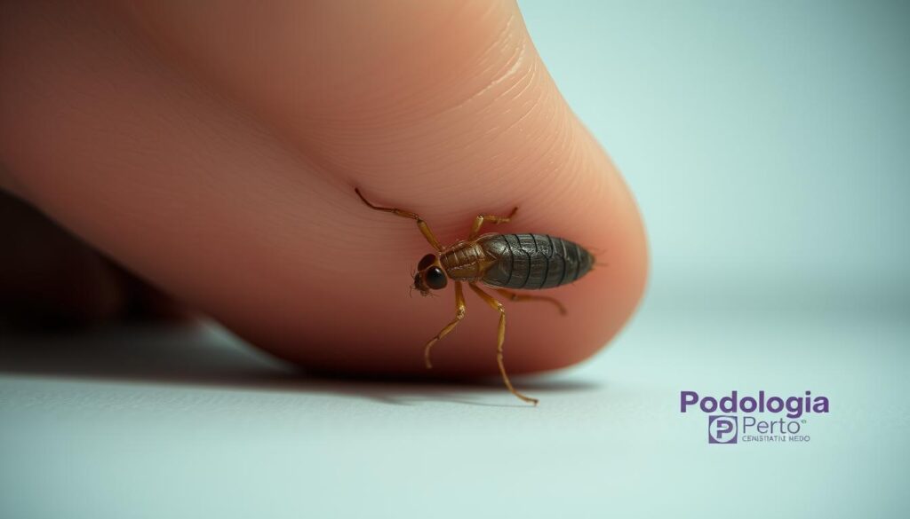 A detailed and realistic close-up view of a parasitic chigoe flea, known as "bicho de pé", clinging to the sole of a human foot. The flea is shown in intricate detail, with its segmented body, hooked appendages, and beady black eyes. The skin around the embedded parasite appears inflamed and irritated. The foot is positioned against a neutral, slightly blurred background, drawing the viewer's focus to the "Podologia Perto" logo in the corner, which serves to emphasize the medical nature of the subject. The lighting is soft and evenly distributed, creating a clinical, diagnostic atmosphere.
