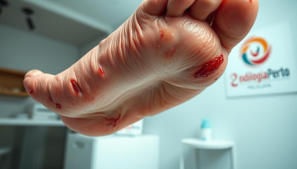 A detailed close-up of a human foot displaying the symptoms of "bicho de pé" or hookworm infestation. The skin is inflamed, red, and irritated, with visible lesions, blisters, and swelling. The background features a clean, clinical setting reminiscent of a podiatrist's office, with the Podologia Perto brand prominently displayed. The lighting is bright and directional, highlighting the textural details of the affected foot. The overall mood conveys a sense of medical concern and the need for professional treatment.